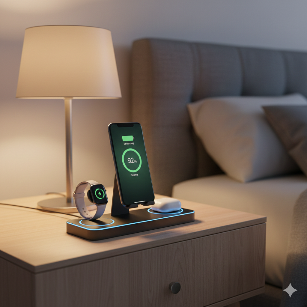 Carregador Sem Fios 3 em 1 Dobrável 30W – iPhone 16/15/14 + Apple Watch + AirPods (Mais completo e direto – destaca potência e compatibilidade)