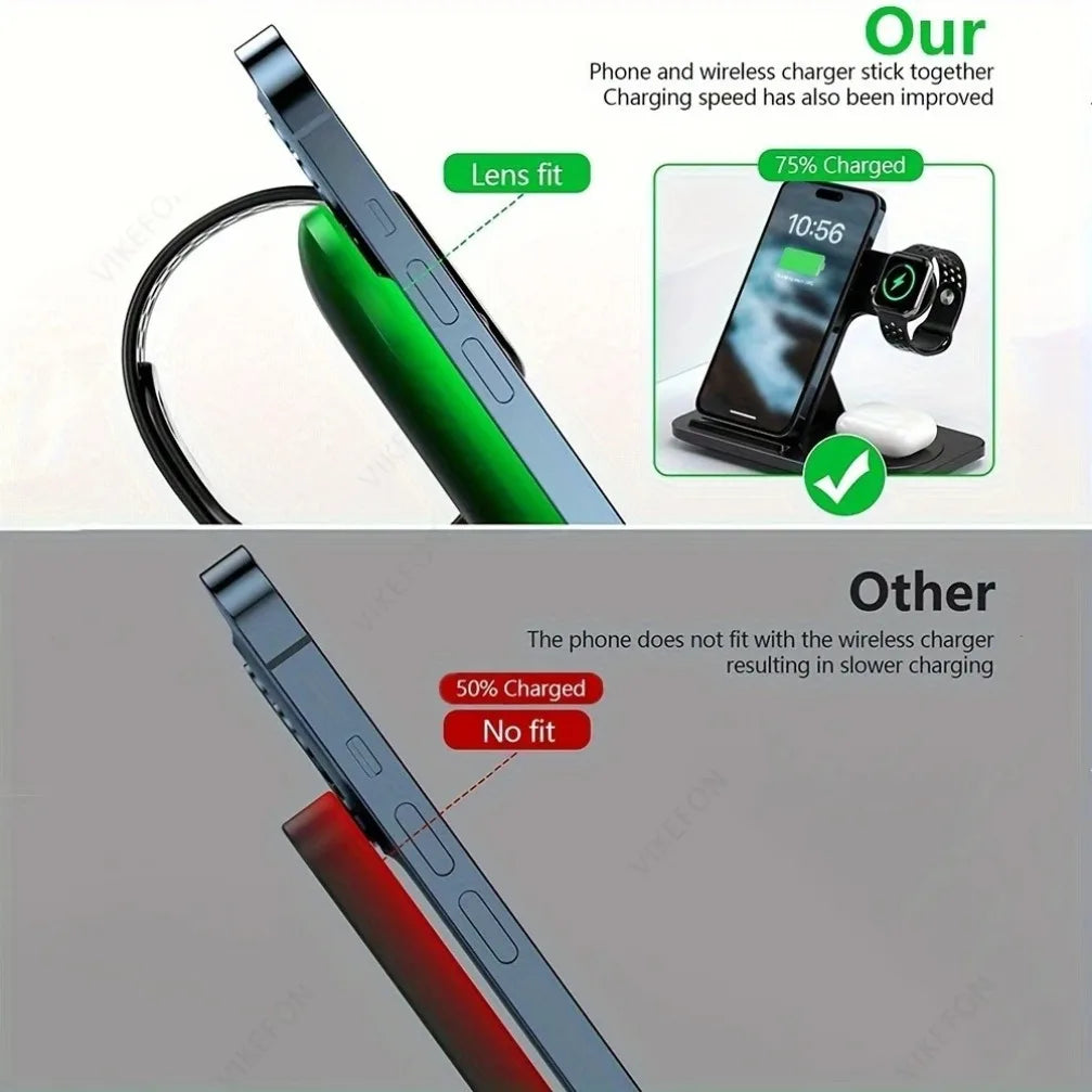 Carregador Sem Fios 3 em 1 Dobrável 30W – iPhone 16/15/14 + Apple Watch + AirPods (Mais completo e direto – destaca potência e compatibilidade)